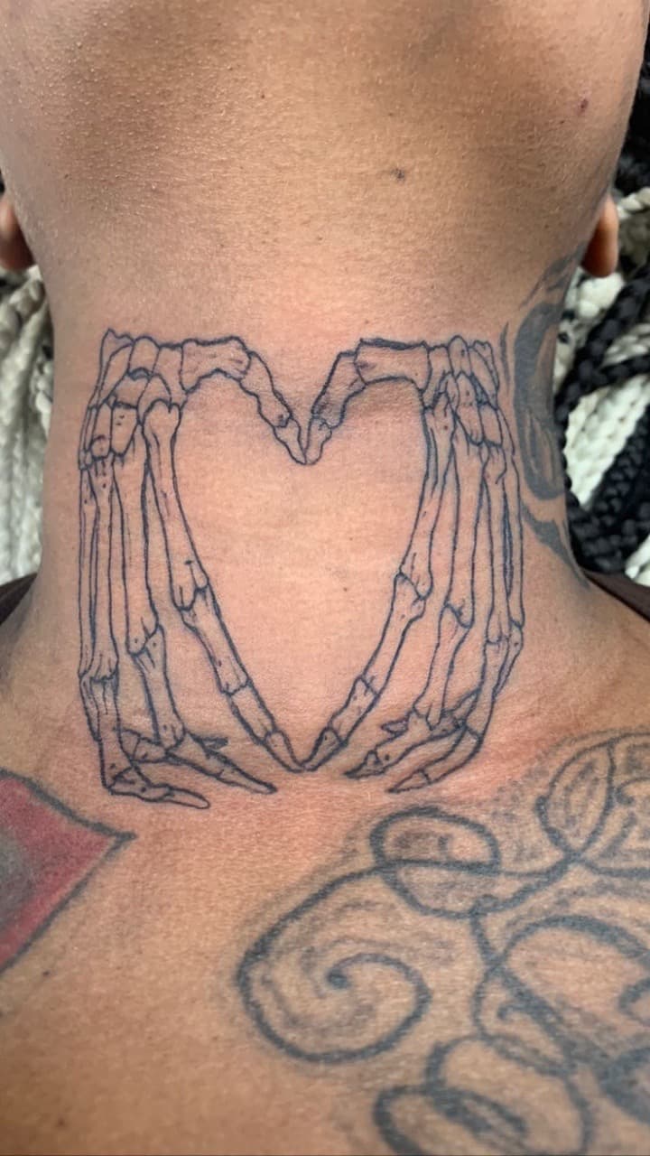 Line-work + Black-work skeleton tattoo on Neck (Back) by Modest_Ink_Ellz on TattMe
