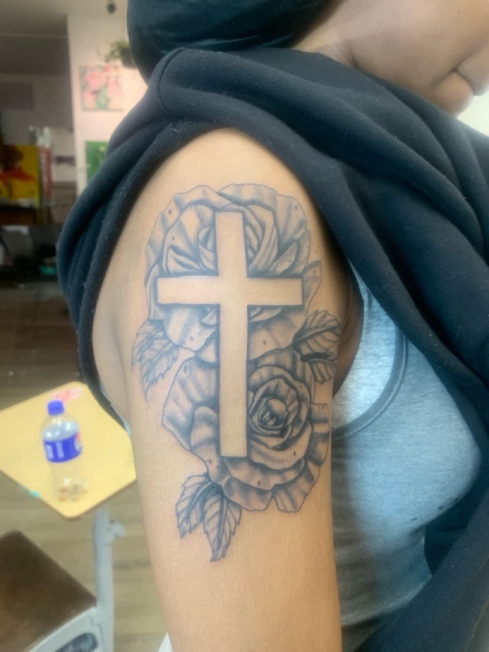 Black & Grey + Floral cross tattoo on Upper Arm by Modest_Ink_Ellz on TattMe