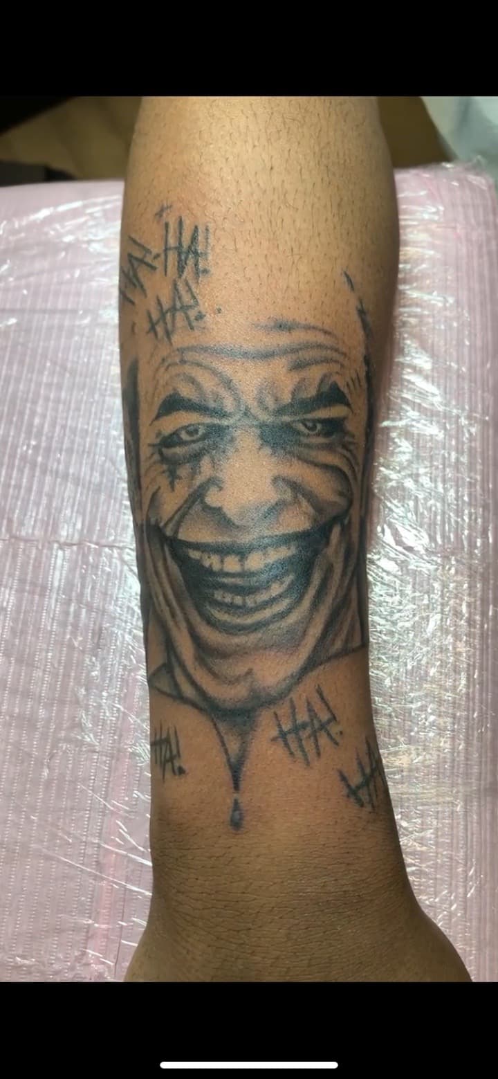 Black & Grey + Realism joker tattoo on Calf by Modest_Ink_Ellz on TattMe