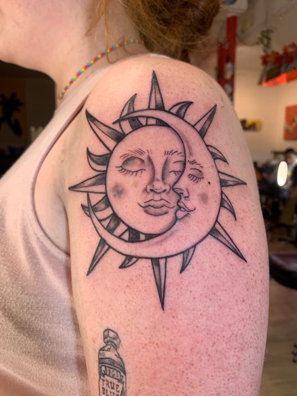 Black & Grey + Illustrative sun tattoo on Upper Arm by Modest_Ink_Ellz on TattMe