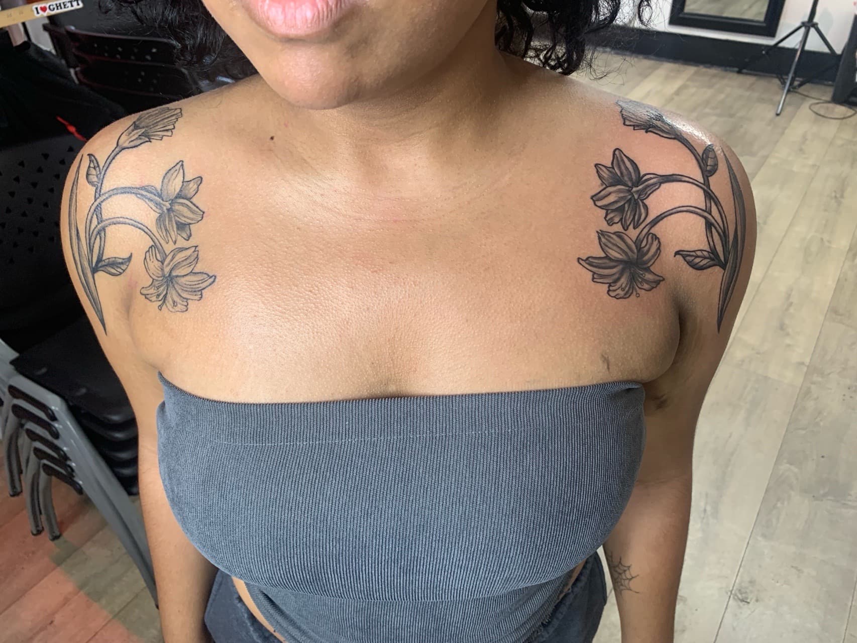 Floral + Black & Grey flowers tattoo on Shoulder by Modest_Ink_Ellz on TattMe