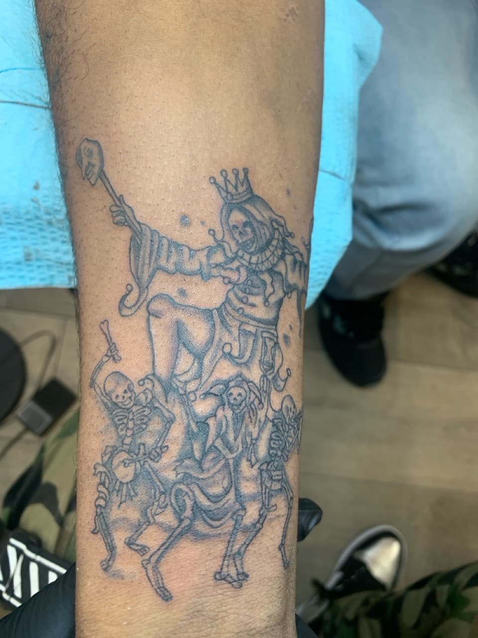 Black & Grey + Illustrative jester tattoo on Forearm by Modest_Ink_Ellz on TattMe