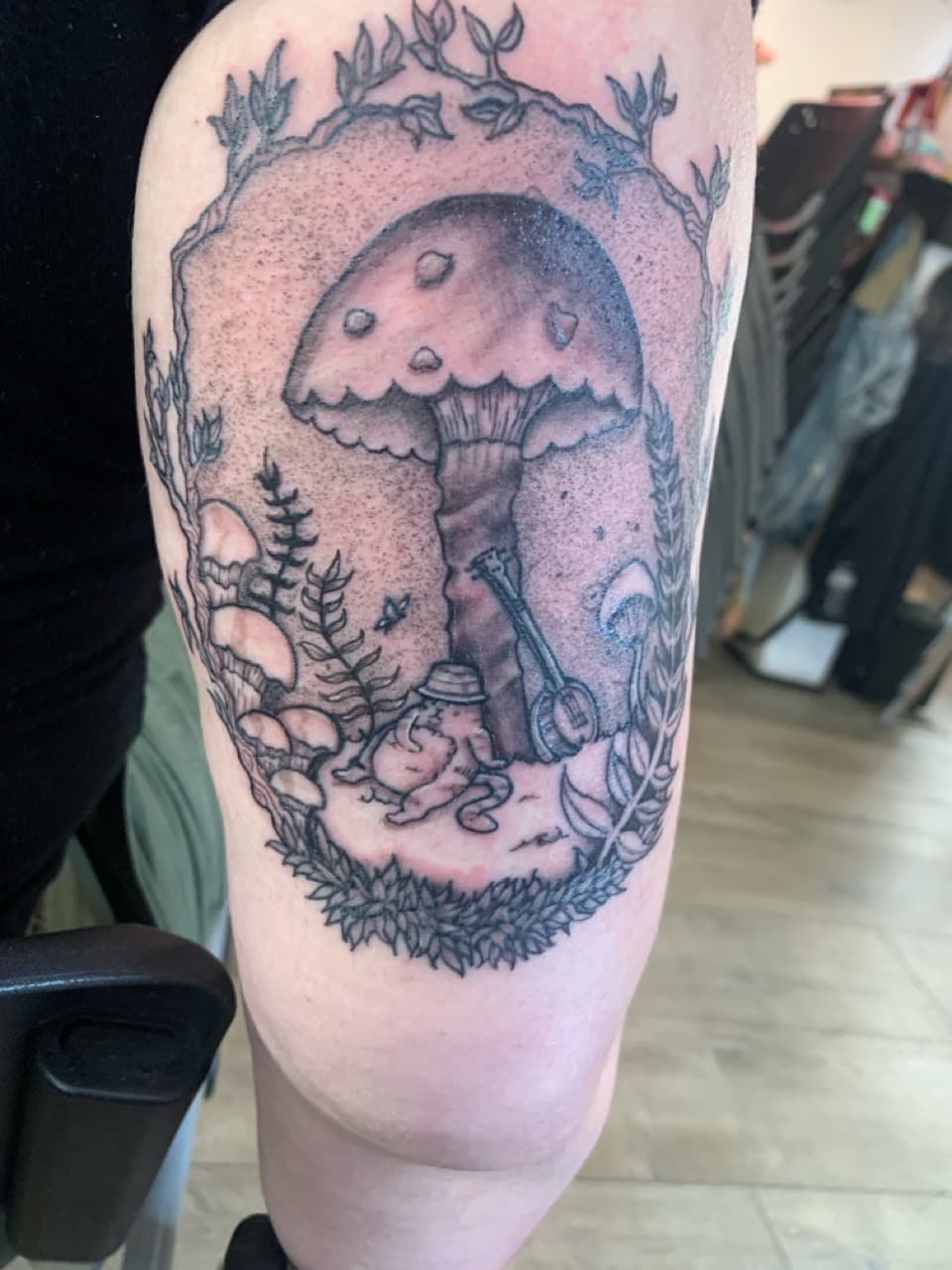 Black & Grey + Illustrative mushroom tattoo on Forearm by Modest_Ink_Ellz on TattMe