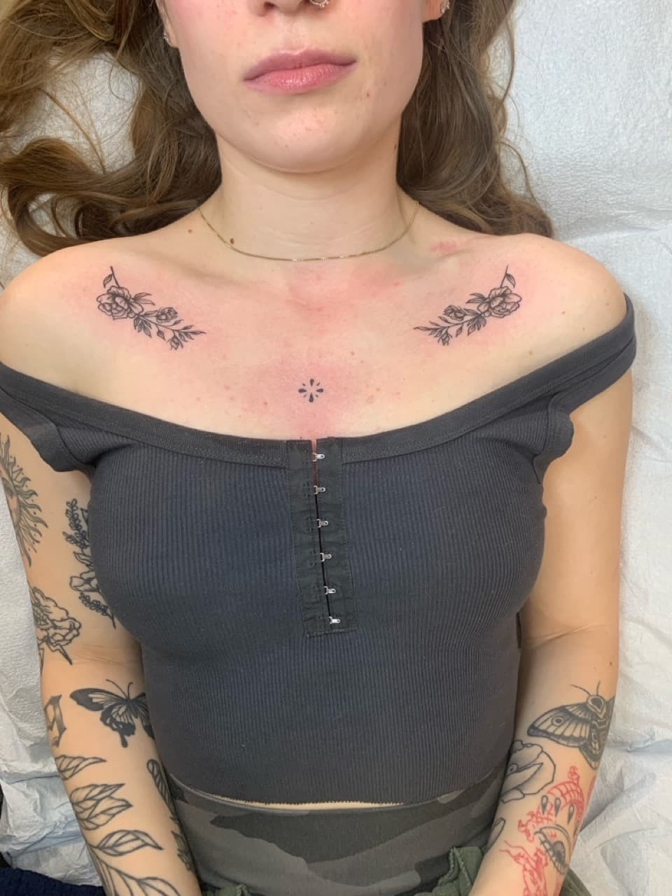 Fine Line + Floral roses tattoo on Chest by Modest_Ink_Ellz on TattMe
