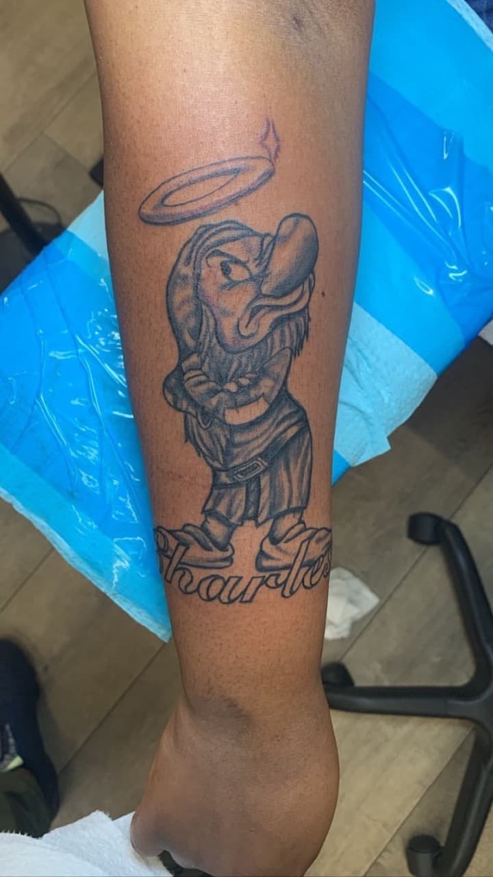 Black & Grey + Pop Culture dwarf tattoo on Forearm by Modest_Ink_Ellz on TattMe