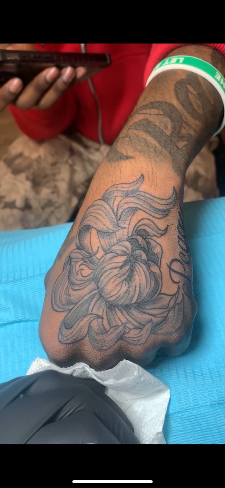 Fine Line + Black & Grey flower tattoo on Hand by Modest_Ink_Ellz on TattMe