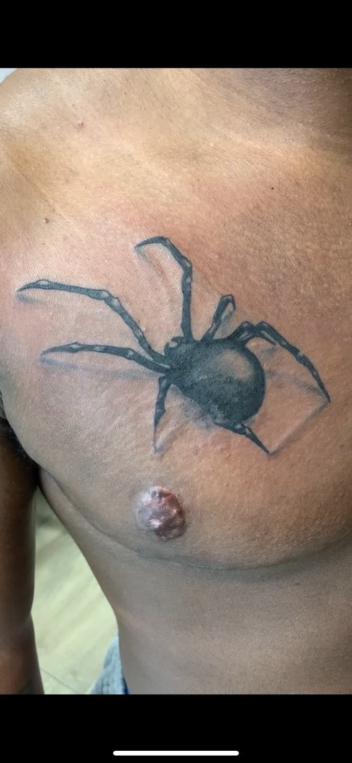 Black & Grey + 3D spider tattoo on Chest by Modest_Ink_Ellz on TattMe