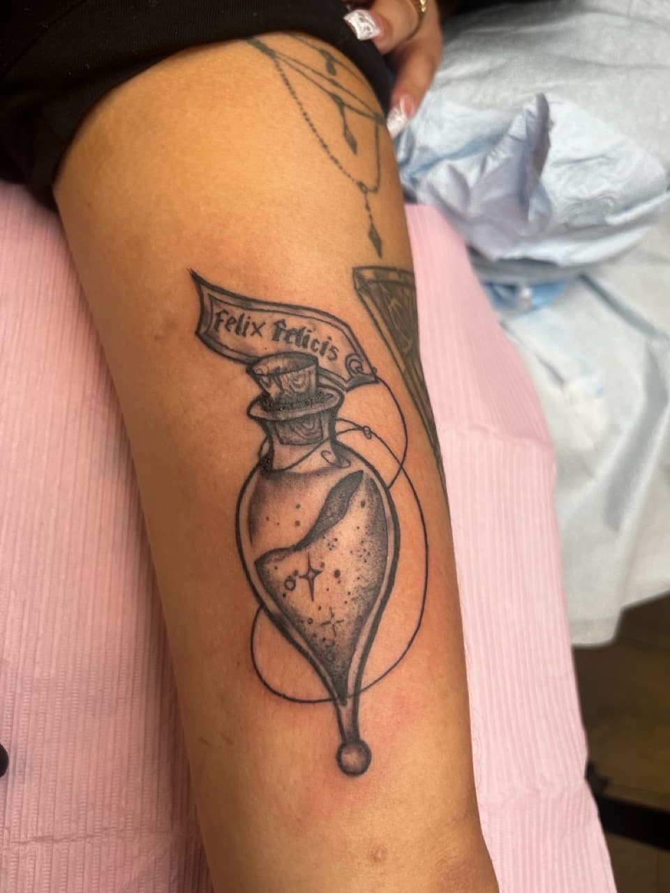 Black-work + Illustrative potion tattoo on Forearm by Modest_Ink_Ellz on TattMe