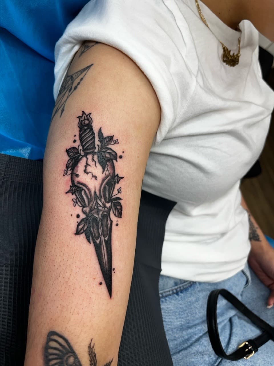 Black-work + Illustrative dagger tattoo on Forearm by Modest_Ink_Ellz on TattMe