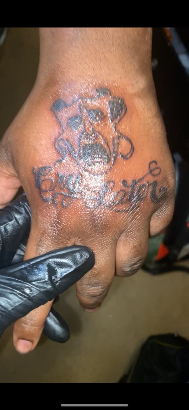 Lettering + Script crown tattoo on Hand by Quis on TattMe