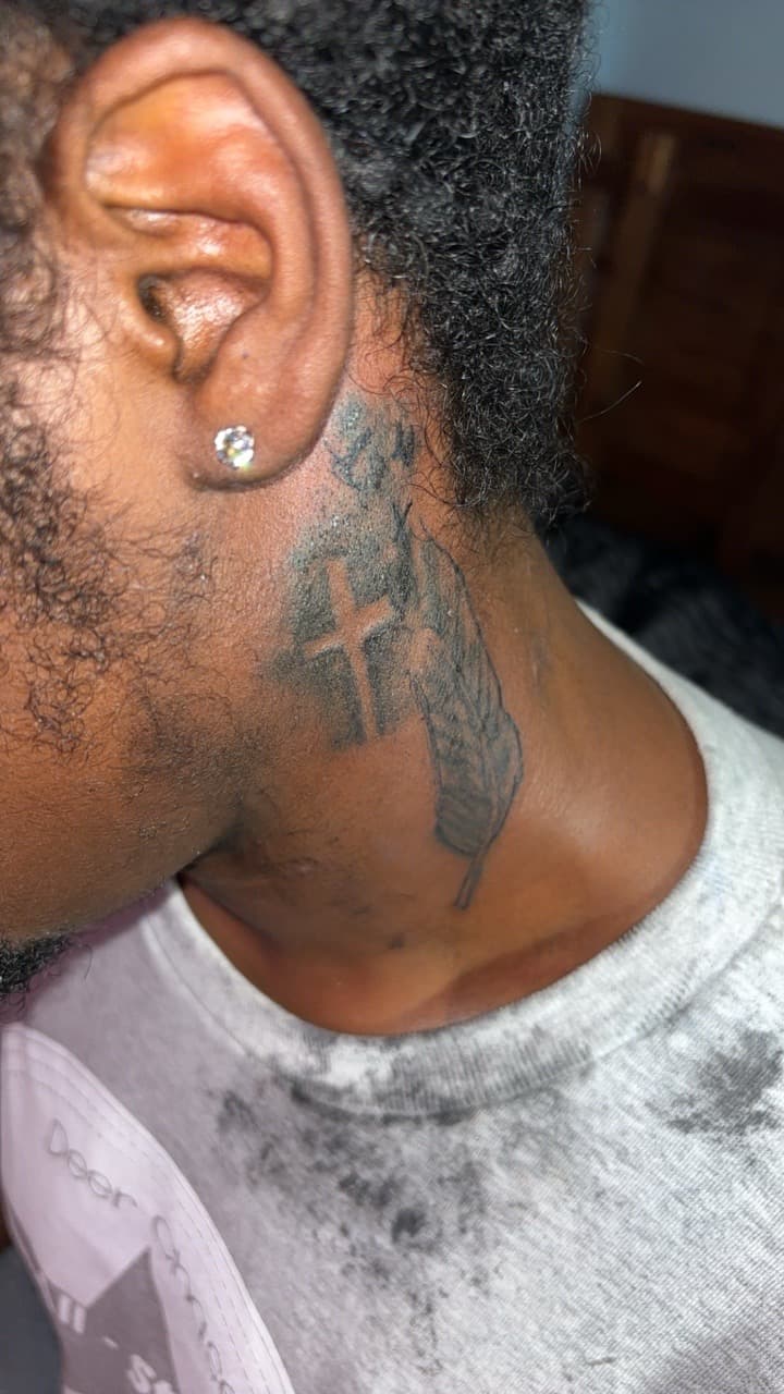 Black & Grey + Religious cross tattoo on Neck (Side) by Quis on TattMe