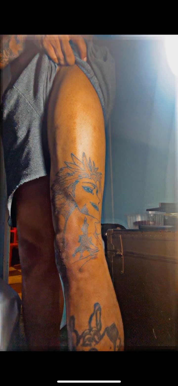 Anime + Line-work spiky hair tattoo on Thigh by Quis on TattMe