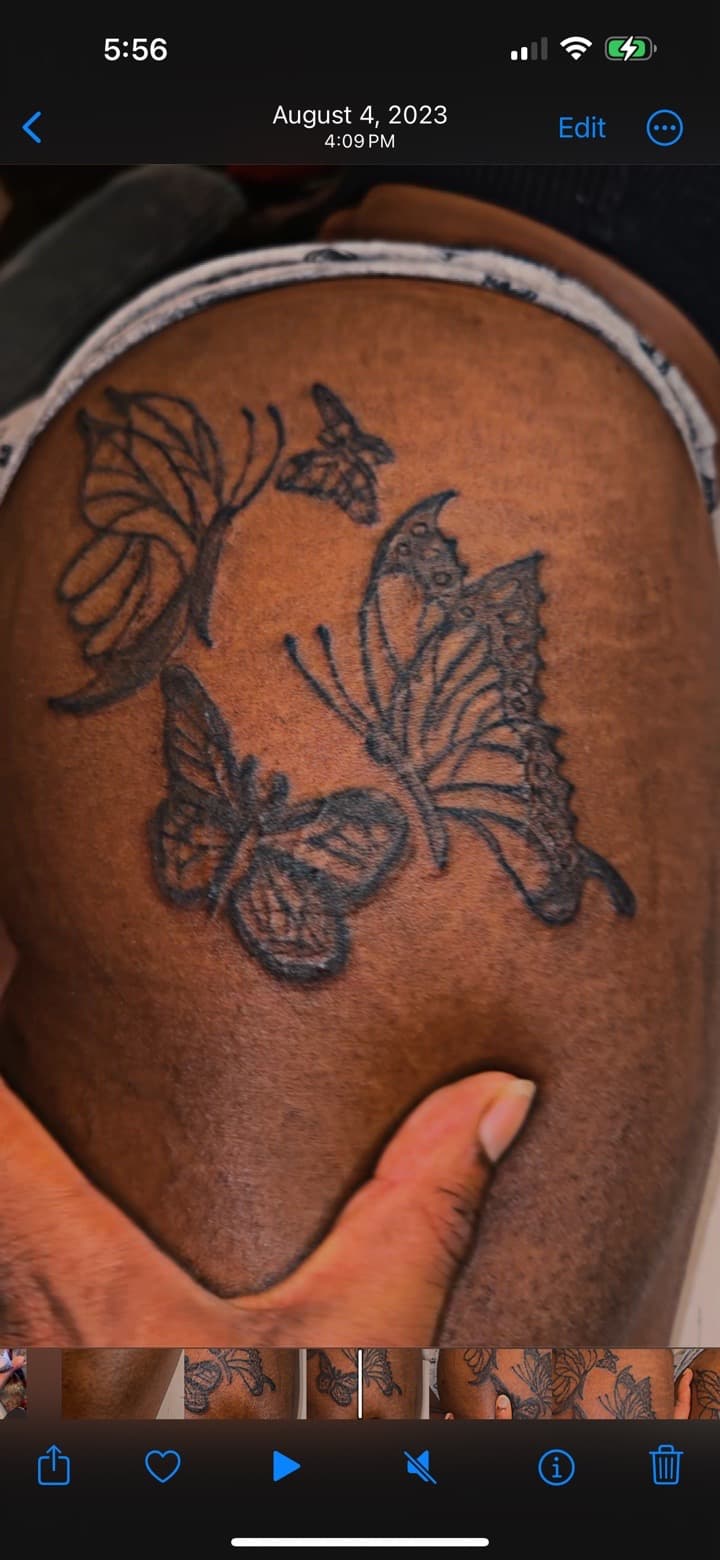 Line-work + Minimalist butterflies tattoo on Thigh by Quis on TattMe