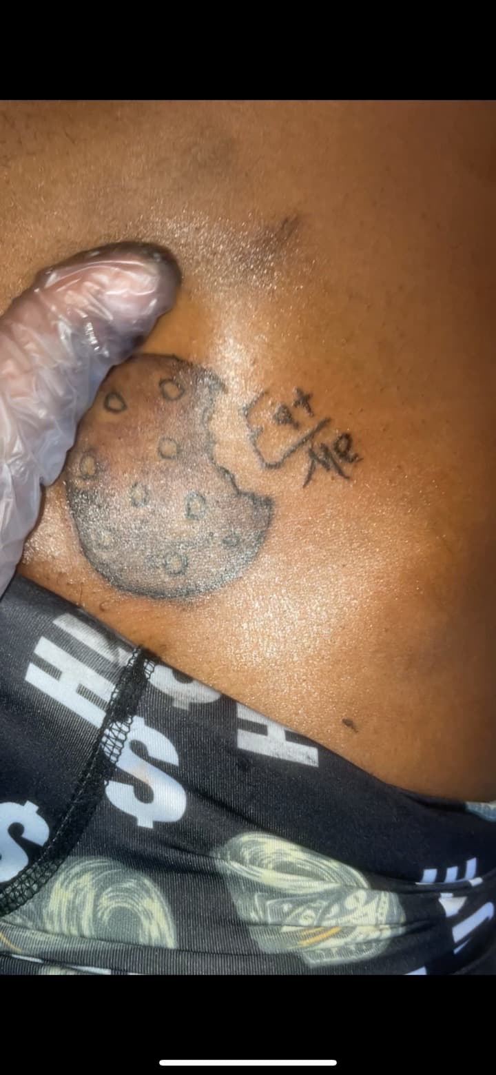 Black-work + Lettering cookie tattoo on Hip by Quis on TattMe
