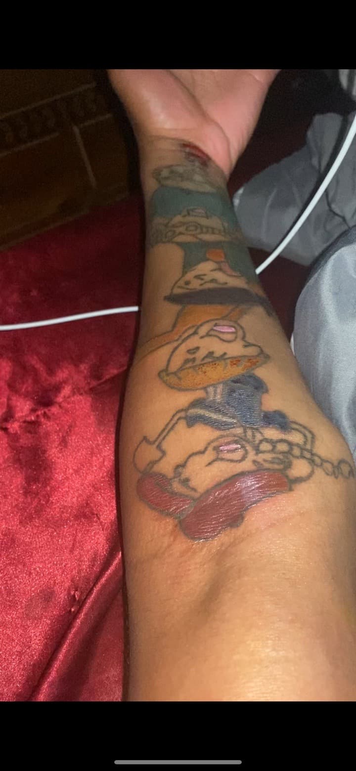 New School + Color cartoon characters tattoo on Forearm by Quis on TattMe