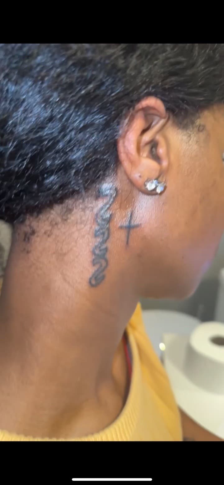 Fine Line + Black-work cross tattoo on Neck (Side) by Quis on TattMe