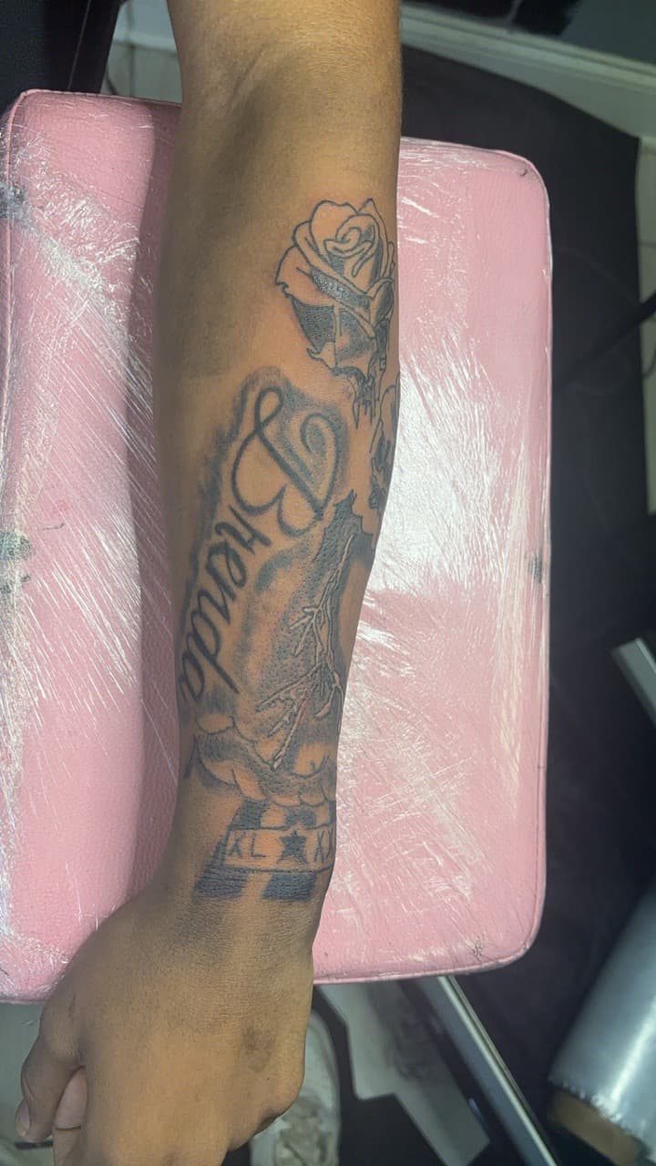 Black & Grey + Lettering rose tattoo on Forearm by Quis on TattMe