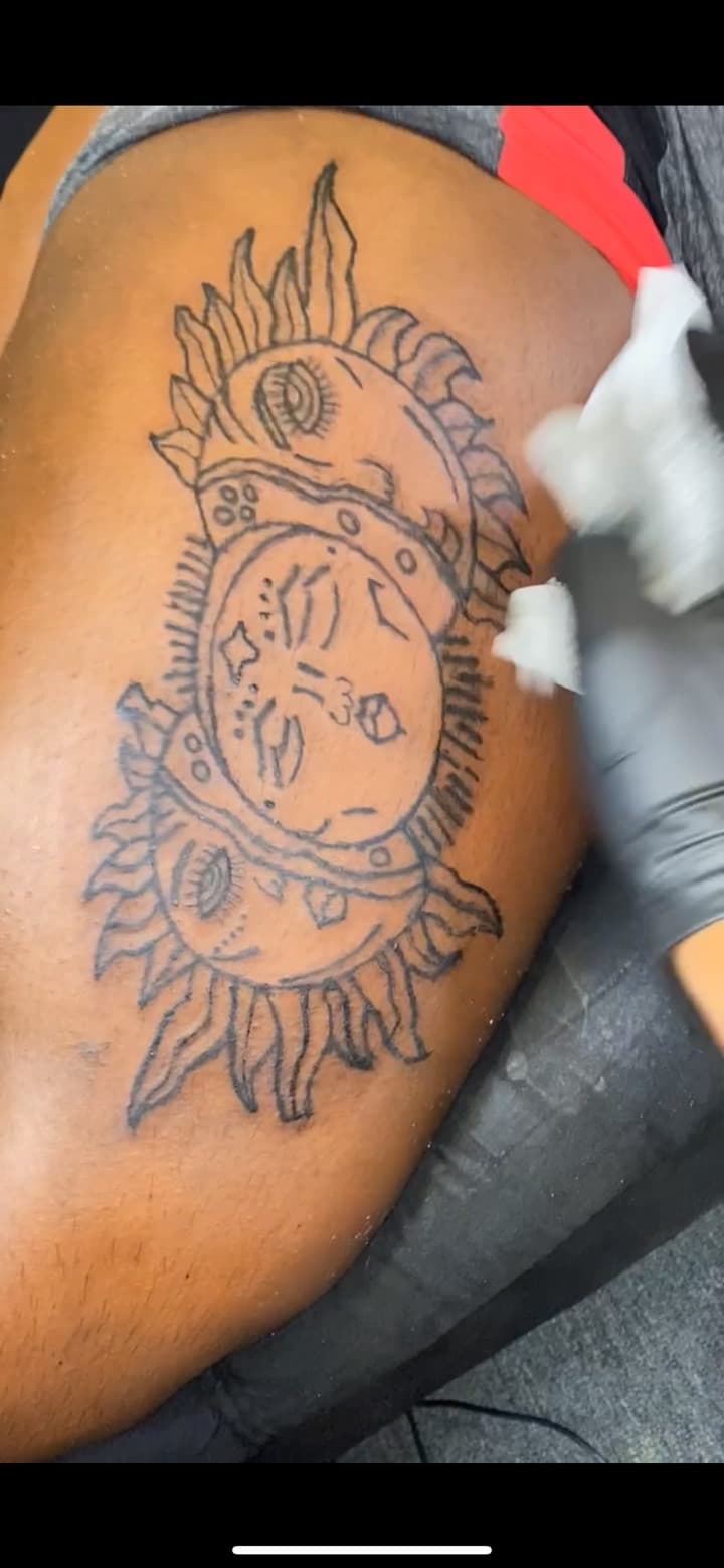 Line-work + Illustrative sun tattoo on Thigh by Quis on TattMe