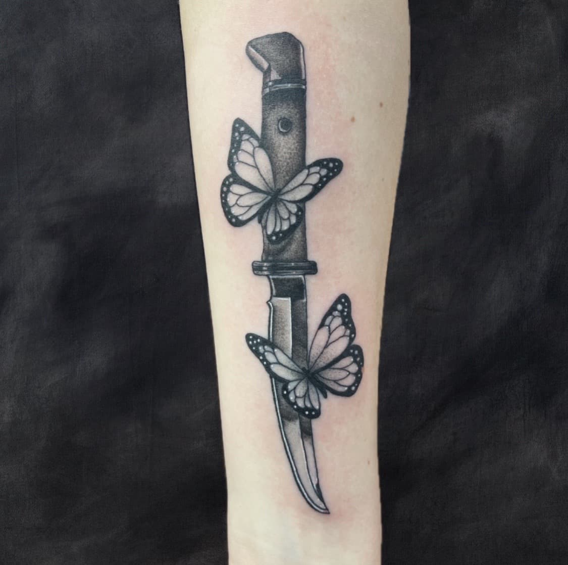 Black & Grey + Illustrative dagger tattoo on Forearm by Adriana on TattMe