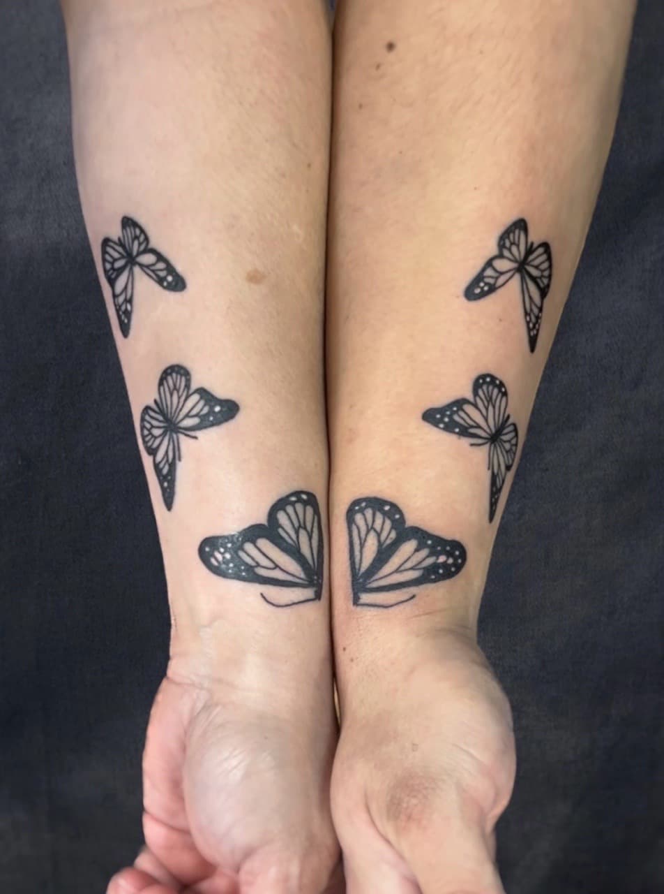Fine Line + Black-work butterflies tattoo on Forearm by Adriana on TattMe