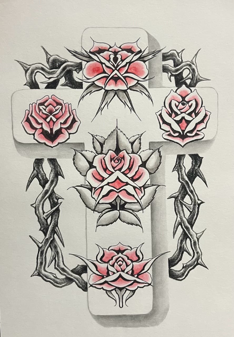 Traditional + American Traditional cross tattoo by Adriana on TattMe