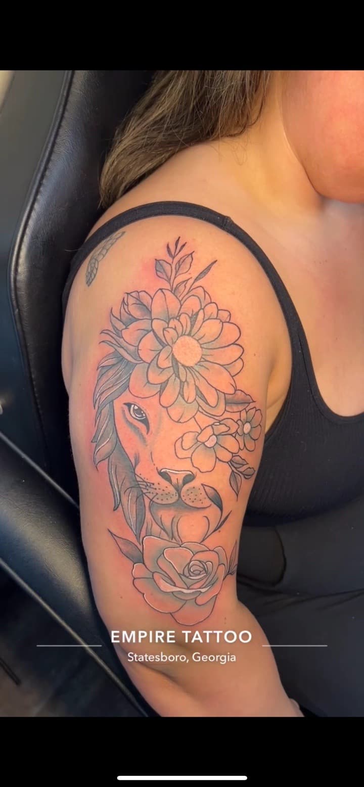 Fine Line + Black & Grey lion tattoo on Upper Arm by Brianna_Martin on TattMe