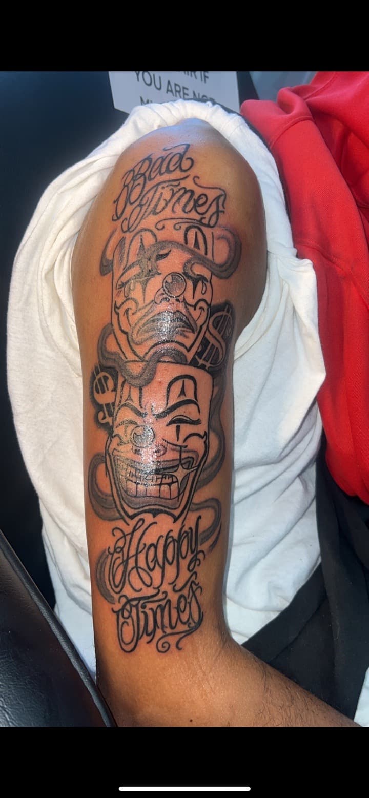 Black & Grey + Lettering masks tattoo on Half Sleeve by Brianna_Martin on TattMe