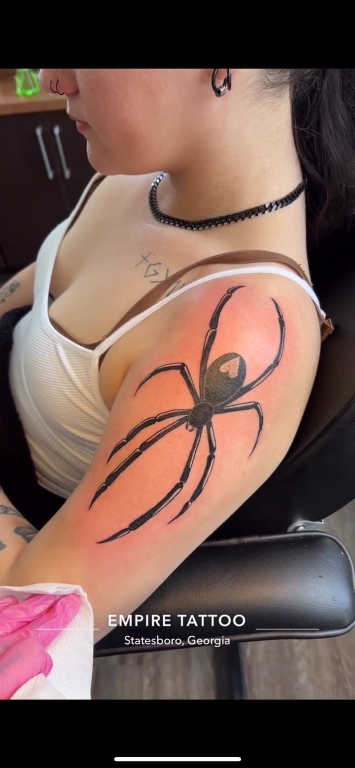 Black & Grey + Illustrative spider tattoo on Upper Arm by Brianna_Martin on TattMe