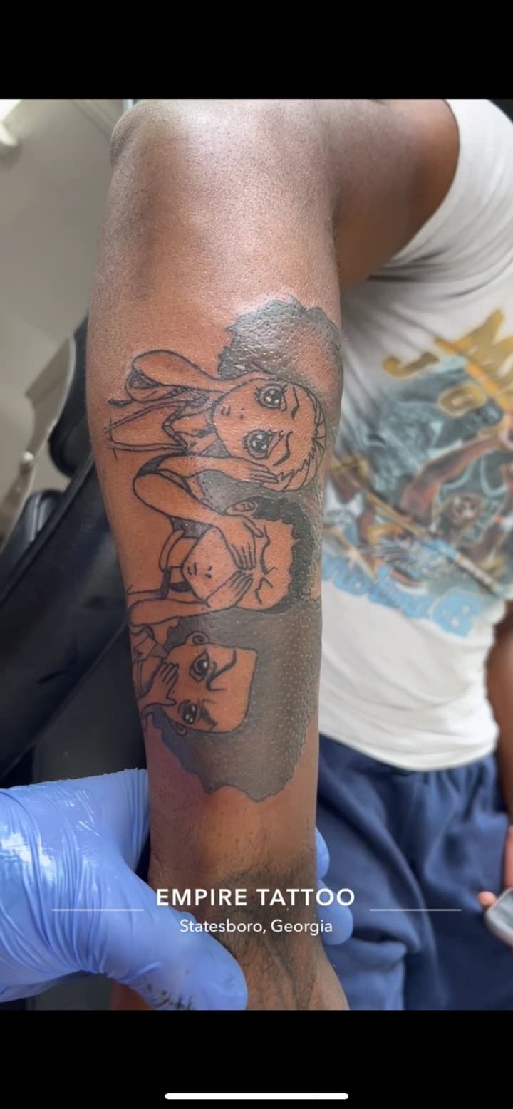 Cartoon + Black-work children tattoo on Forearm by Brianna_Martin on TattMe