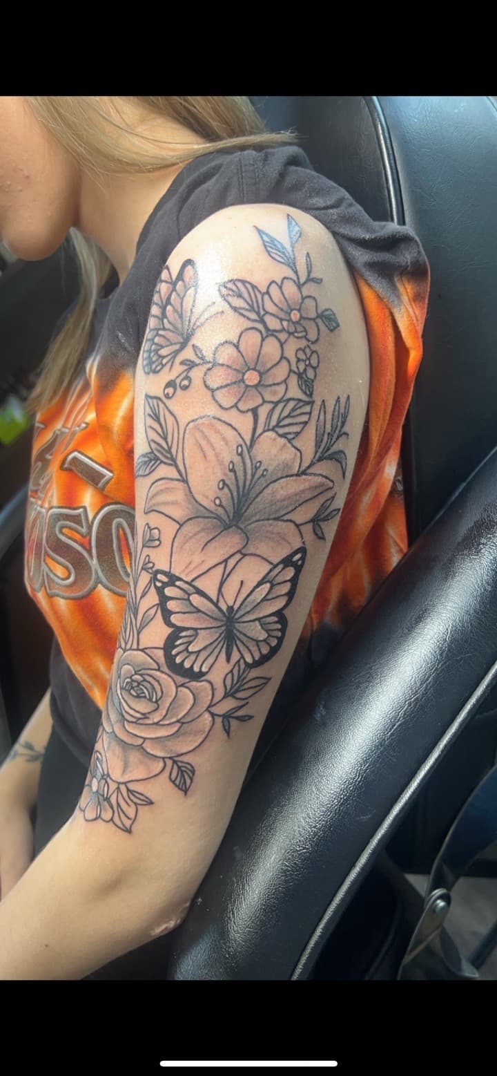 Floral + Black & Grey butterflies tattoo on Upper Arm by Brianna_Martin on TattMe
