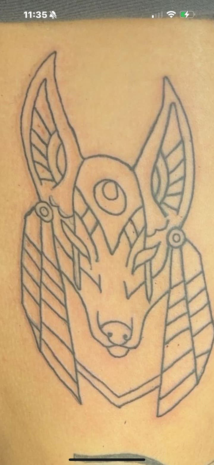 Fine Line + Illustrative anubis tattoo on Upper Back by Jaq_Jaq on TattMe