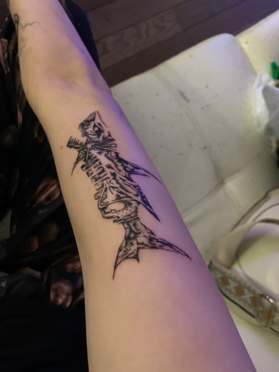 Black-work + Line-work fish tattoo on Upper Arm by Fishbonez_Tattoo on TattMe
