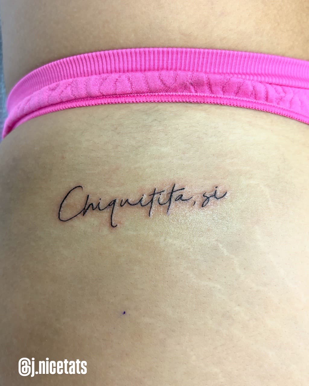 Script + Lettering phrase tattoo on Hip by Jniceinkz on TattMe