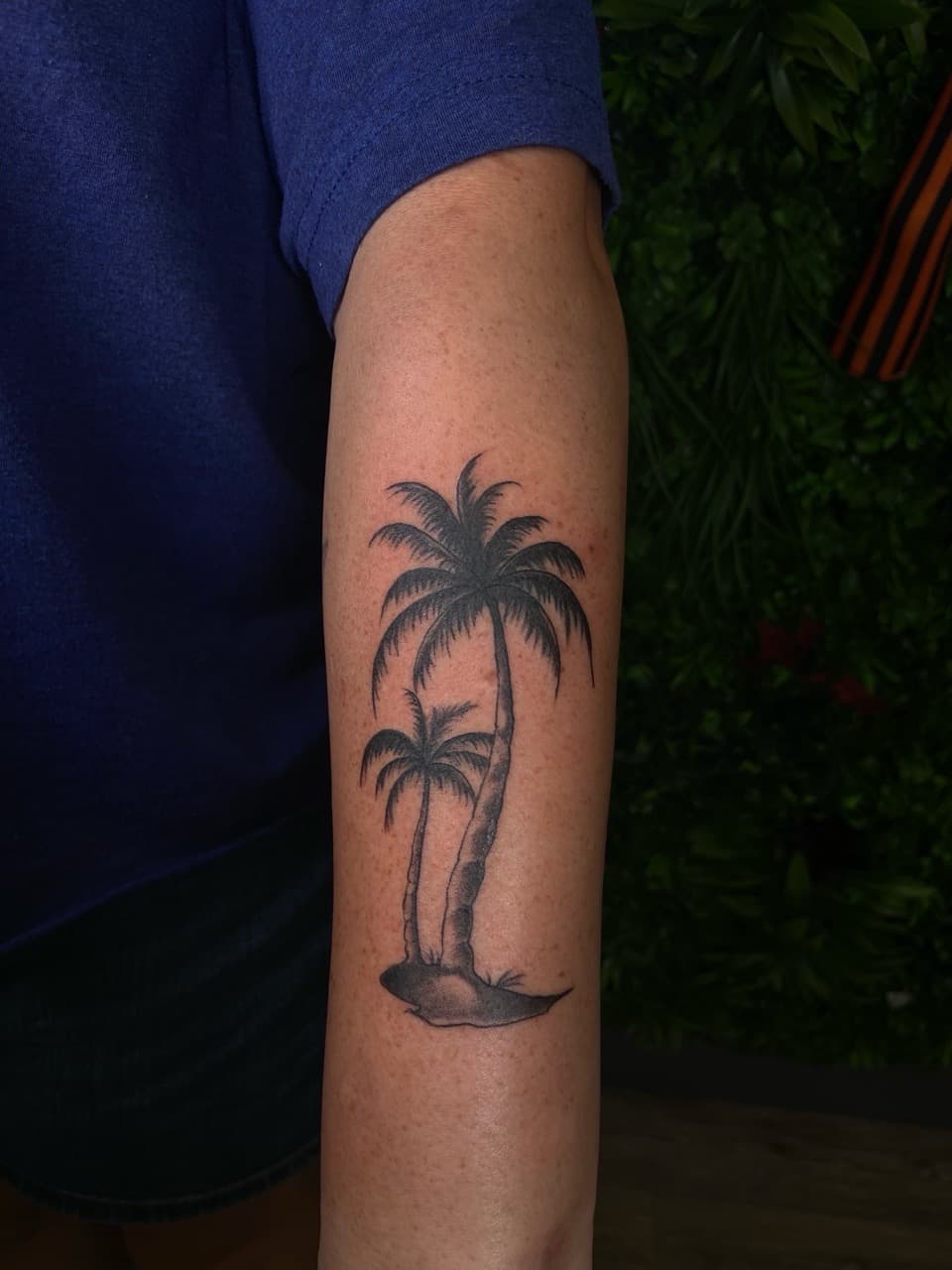 Black & Grey + Illustrative palm trees tattoo on Upper Arm by Jniceinkz on TattMe