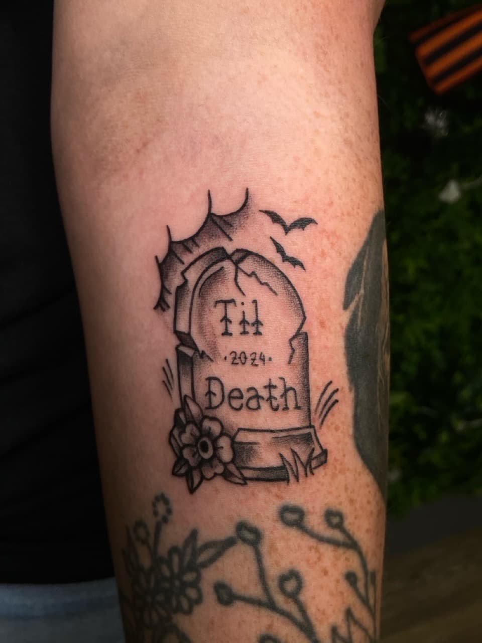 Black & Grey + Illustrative gravestone tattoo on Forearm by Jniceinkz on TattMe