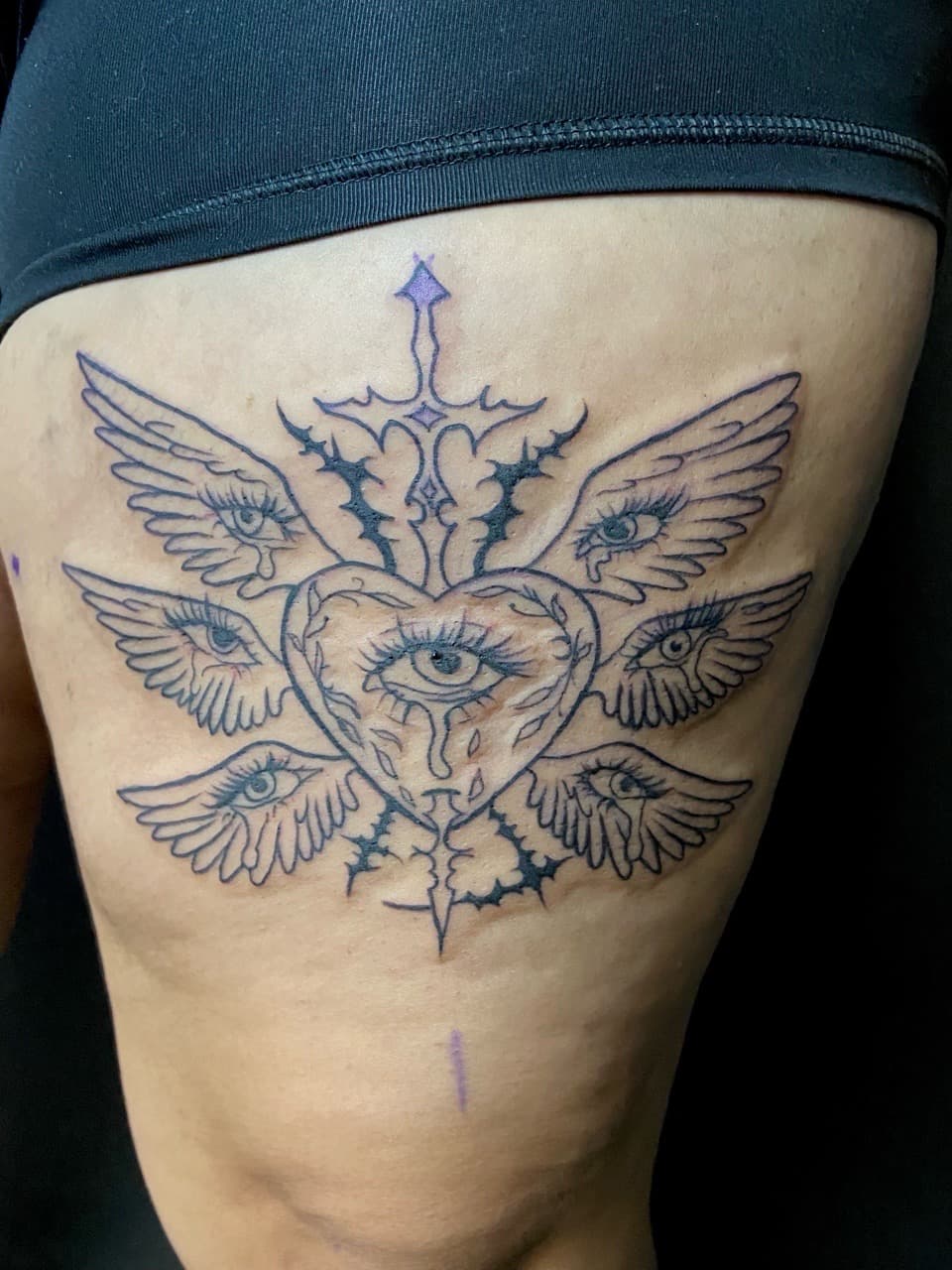 Illustrative + Fine Line heart tattoo on Thigh by Jniceinkz on TattMe