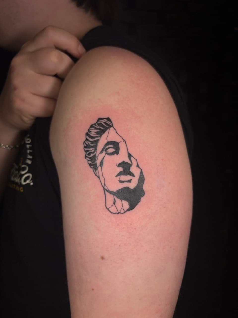 Black-work + Line-work statue tattoo on Upper Arm by Jniceinkz on TattMe
