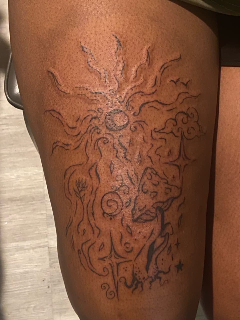 Fine Line + Illustrative sun tattoo on Thigh by Jniceinkz on TattMe