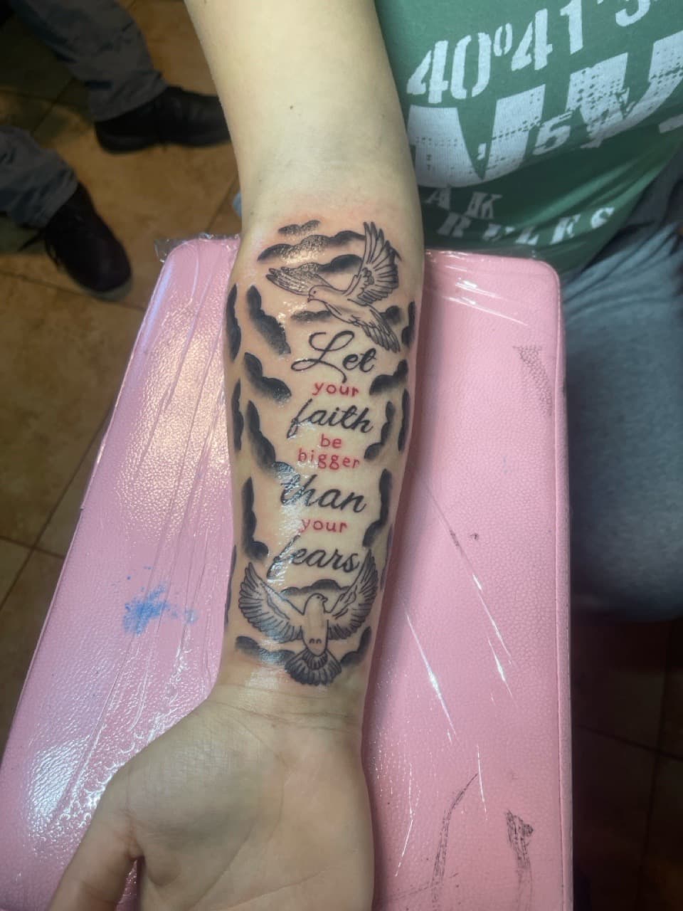 Black & Grey + Lettering doves tattoo on Forearm by Jadance_Martin on TattMe
