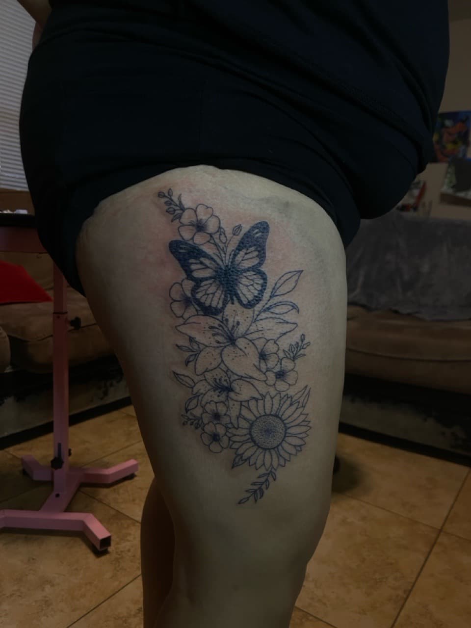 Black-work + Floral butterfly tattoo on Thigh by Jadance_Martin on TattMe