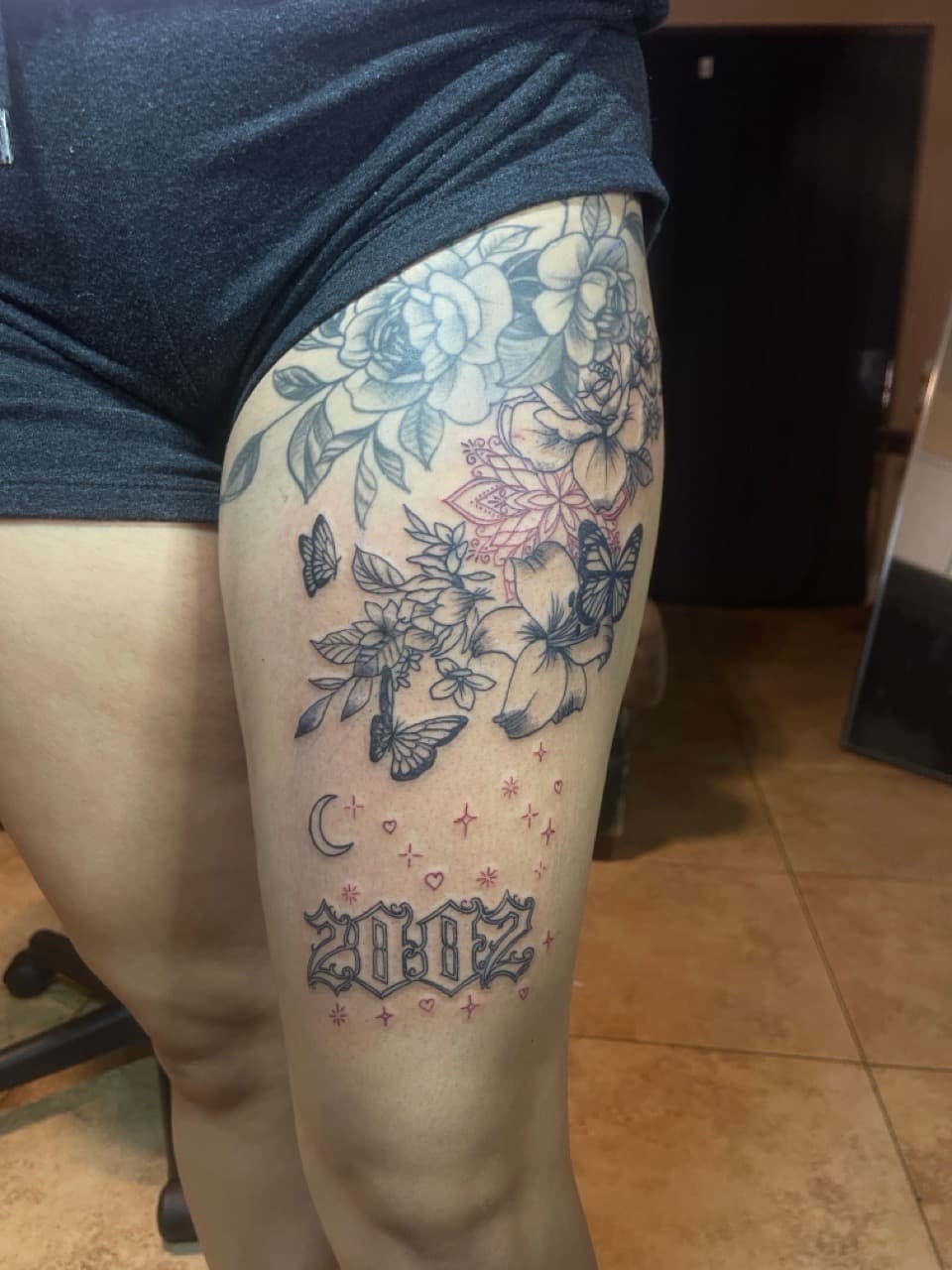 Floral + Fine Line flowers tattoo on Thigh by Jadance_Martin on TattMe