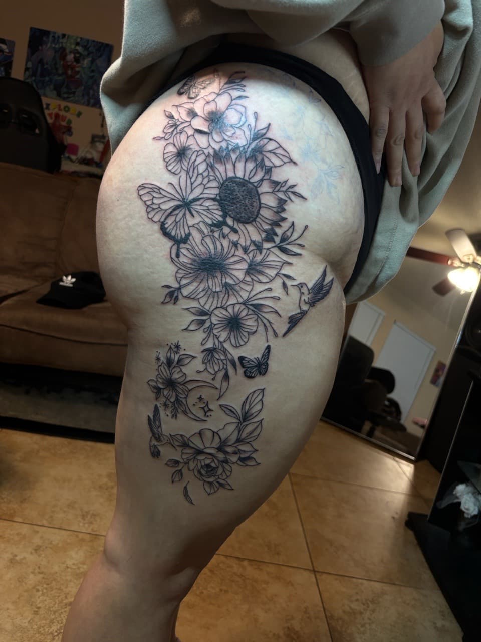 Fine Line + Black-work flowers tattoo on Thigh by Jadance_Martin on TattMe