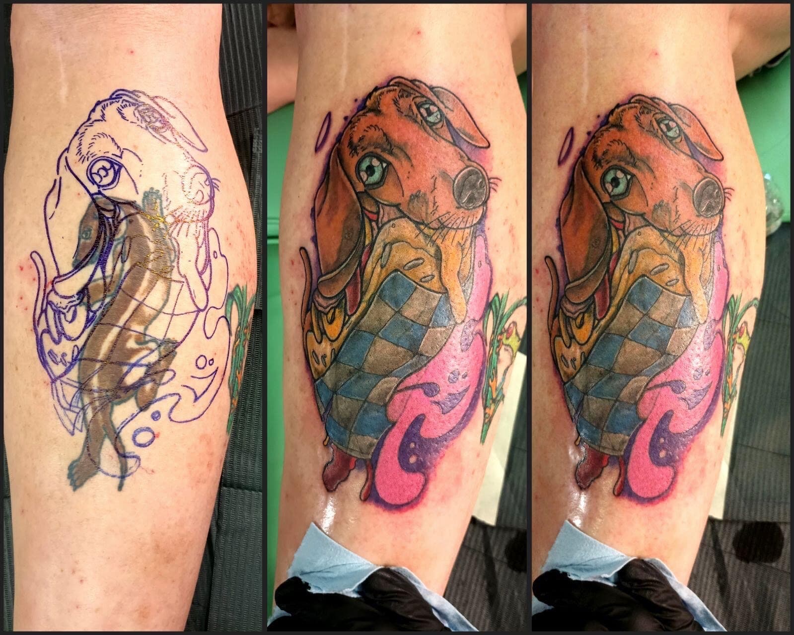 New School + Color dog tattoo on Calf by Taking_Art_2_The_Streets_1 on TattMe