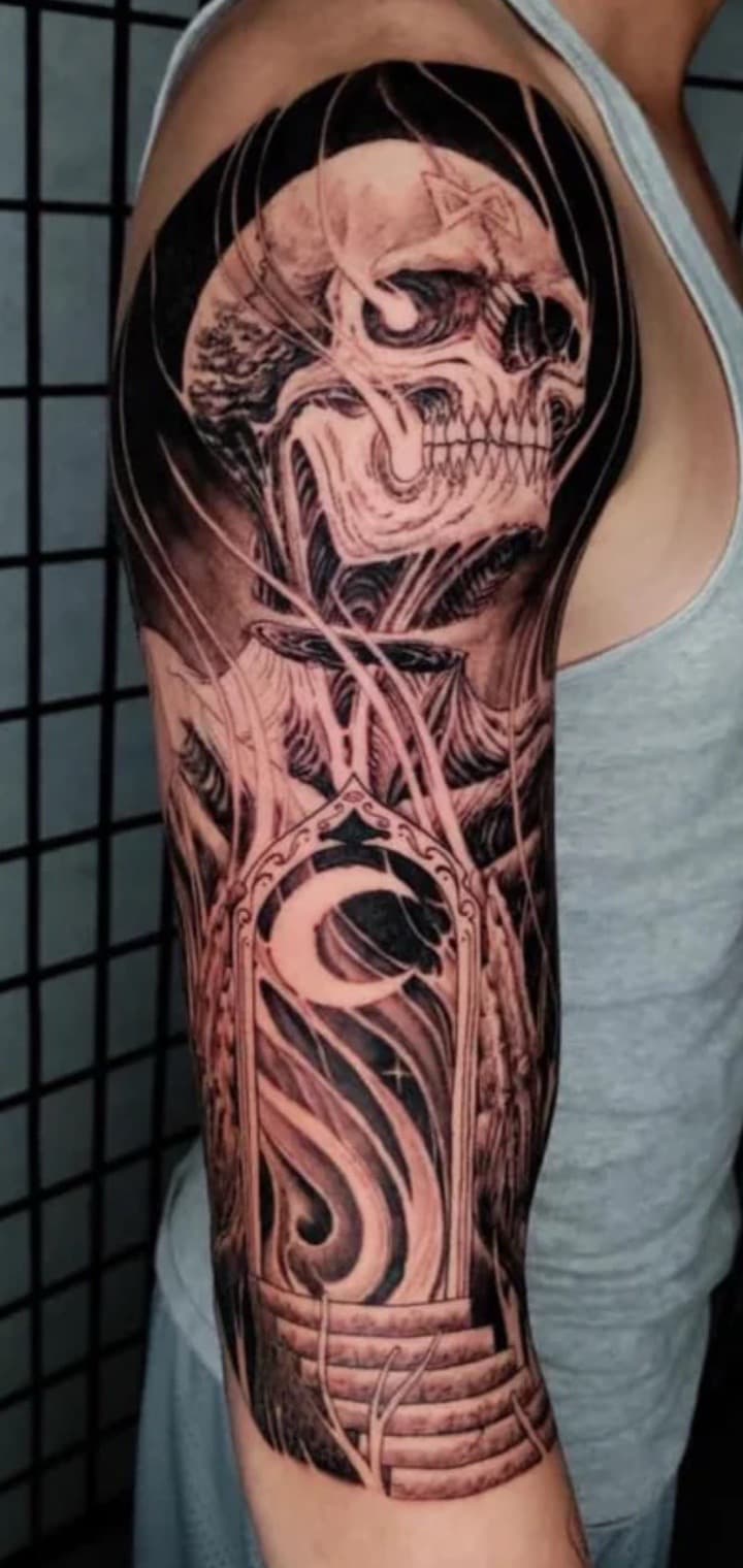 Black & Grey + Illustrative skull tattoo on Full Sleeve by Taking_Art_2_The_Streets_1 on TattMe
