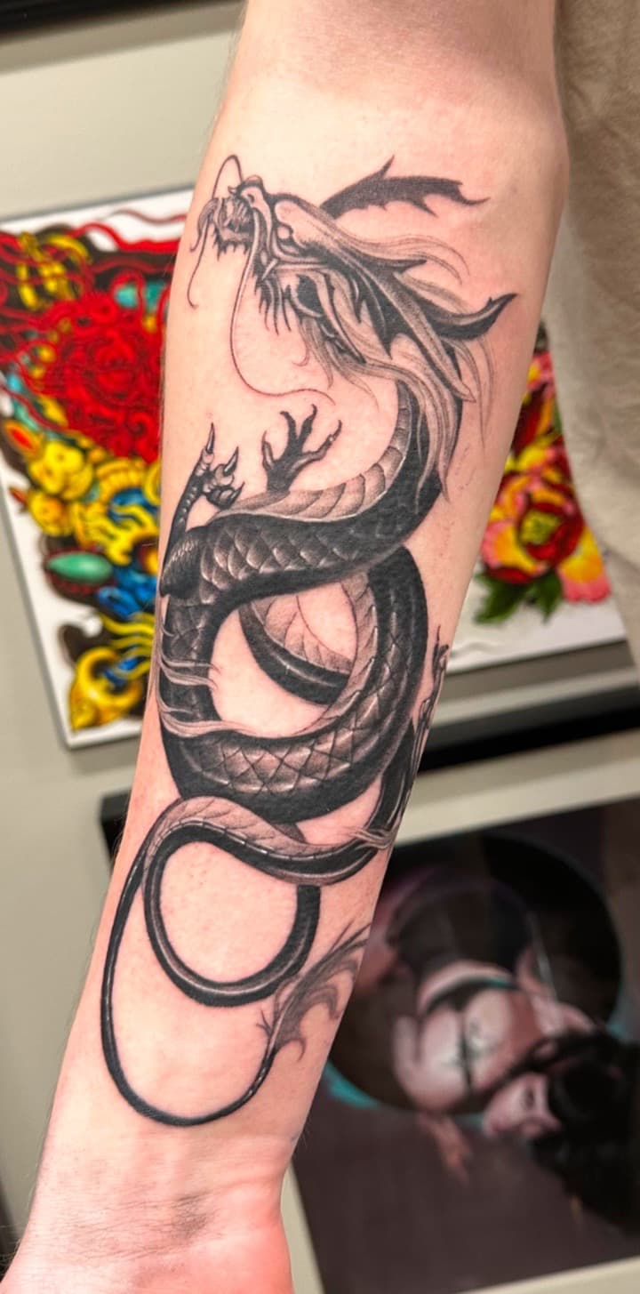 Black & Grey + Japanese dragon tattoo on Forearm by Taking_Art_2_The_Streets_1 on TattMe