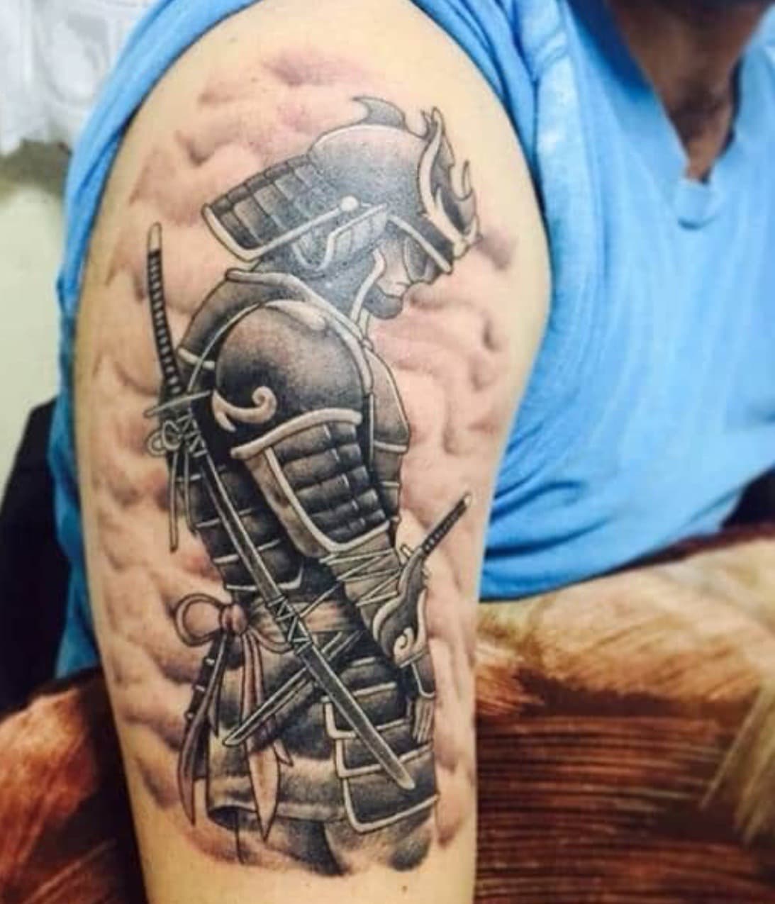 Black & Grey + Japanese samurai tattoo on Upper Arm by Taking_Art_2_The_Streets_1 on TattMe