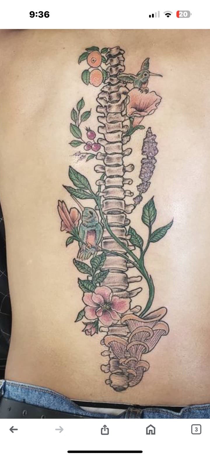 Illustrative + Floral spine tattoo on Spine by Taking_Art_2_The_Streets_1 on TattMe