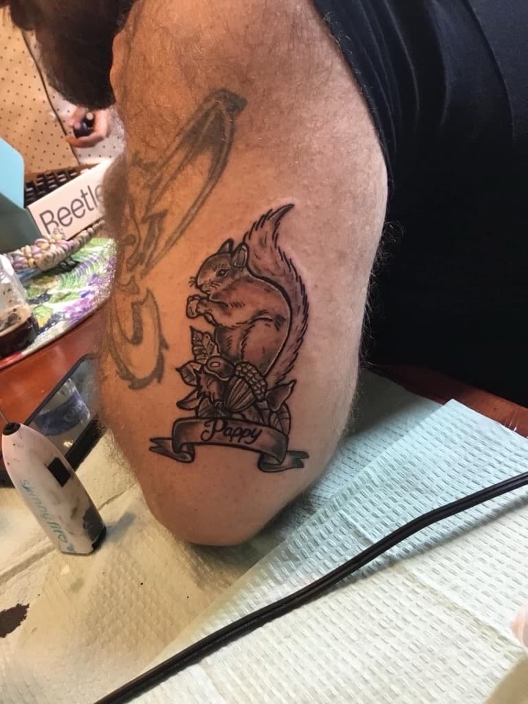 Black & Grey + Illustrative squirrel tattoo on Elbow by Taking_Art_2_The_Streets_1 on TattMe