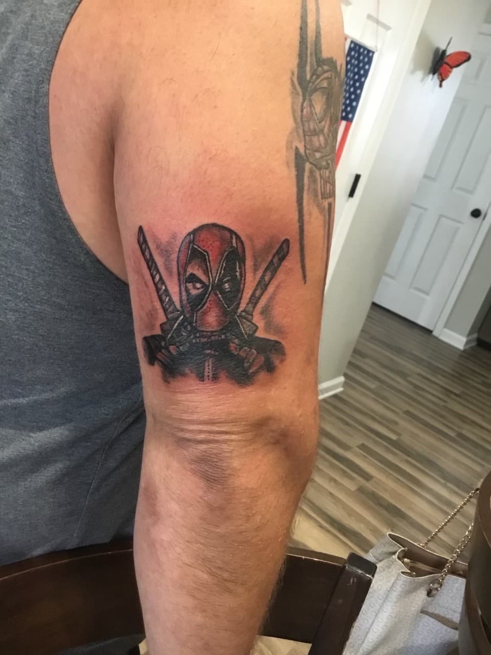 Color + Pop Culture deadpool tattoo on Upper Arm by Taking_Art_2_The_Streets_1 on TattMe