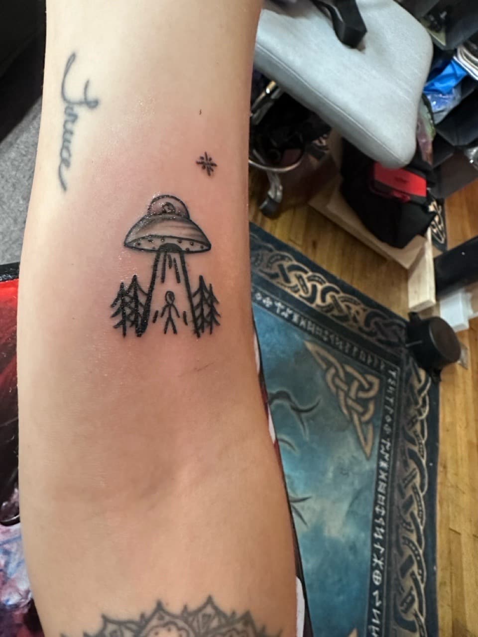 Fine Line + Black-work ufo tattoo on Forearm by Taking_Art_2_The_Streets_1 on TattMe